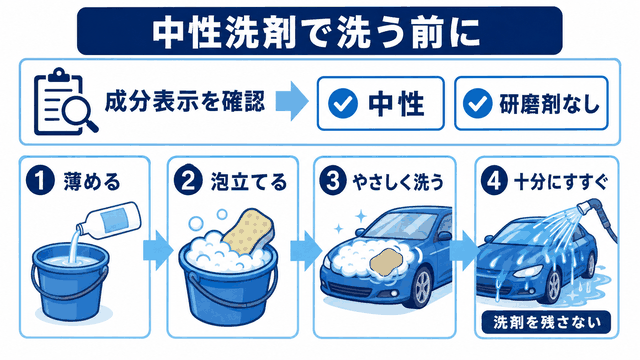 中性洗剤で車を洗う際の確認と手順を示す図解