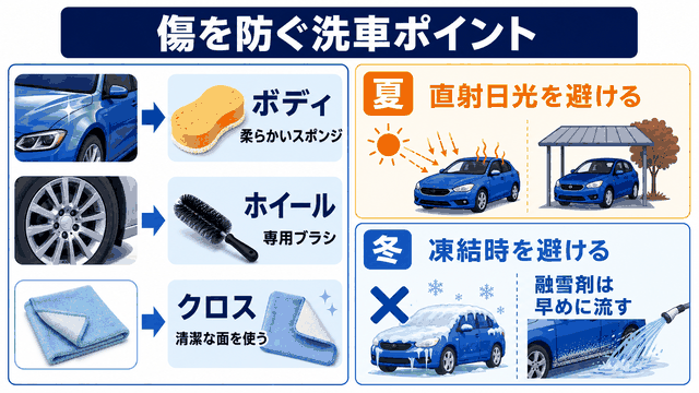 車を傷つけない道具の使い分けと季節別注意点の図解