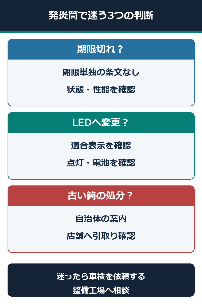 発炎筒の期限、LEDへの変更、古い筒の処分に関する判断