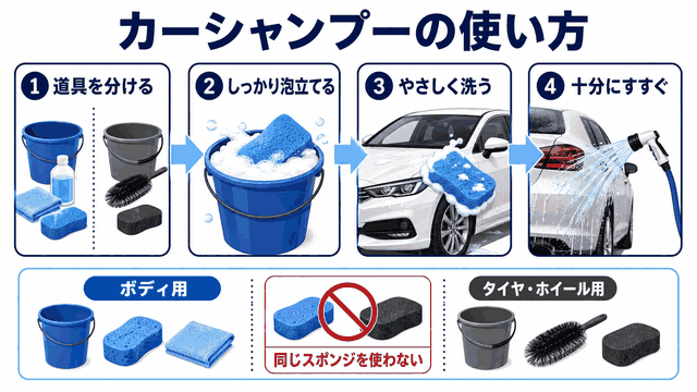 カーシャンプーを安全に使う基本手順の図解