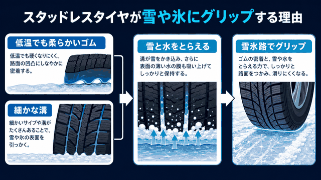 スタッドレスタイヤの柔らかいゴムと細かな溝が雪氷路でグリップを生む仕組みの図解