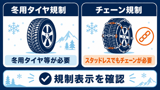 冬用タイヤ規制とチェーン規制で必要な装備が異なることを比較した図解
