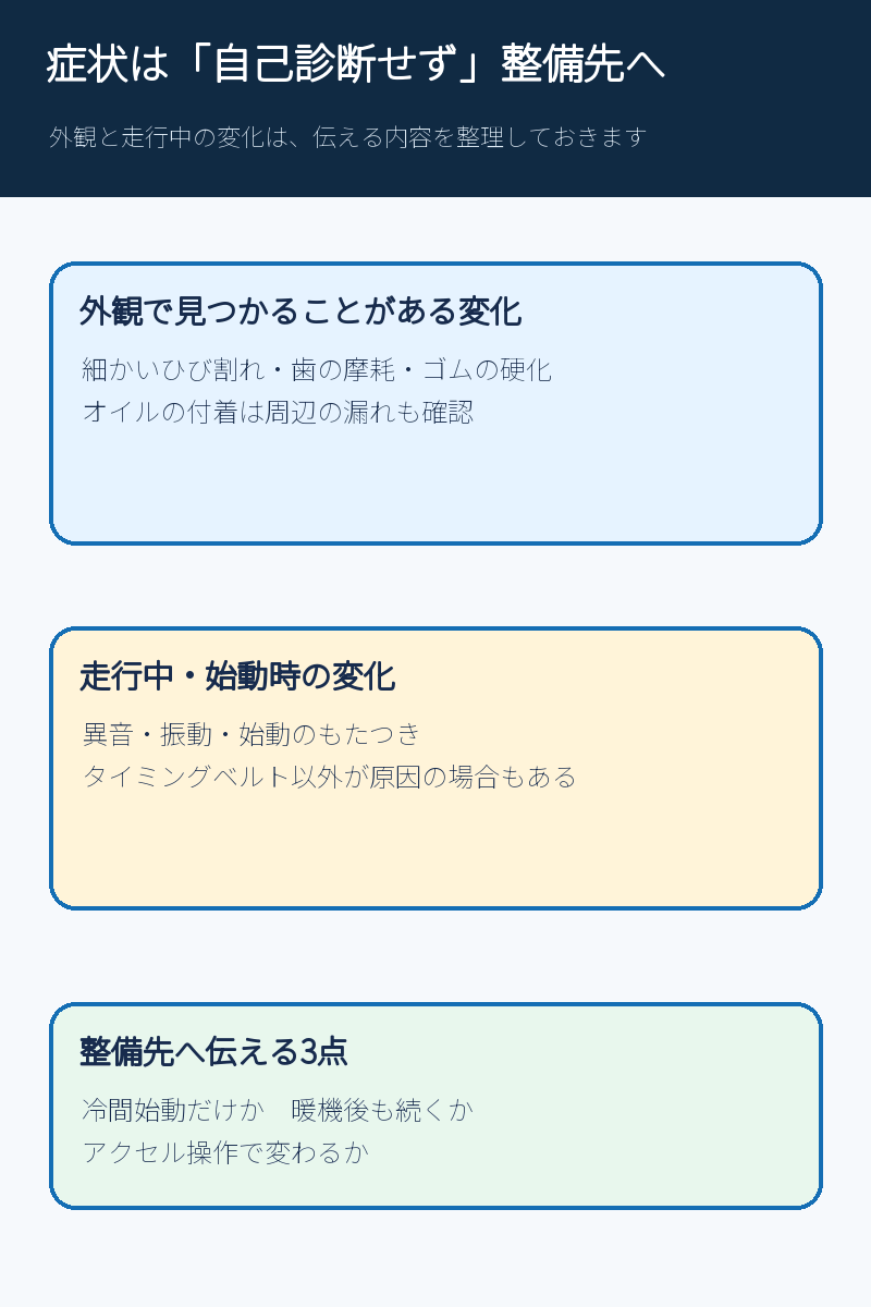 タイミングベルトの劣化で整備先へ伝える症状を整理した図解