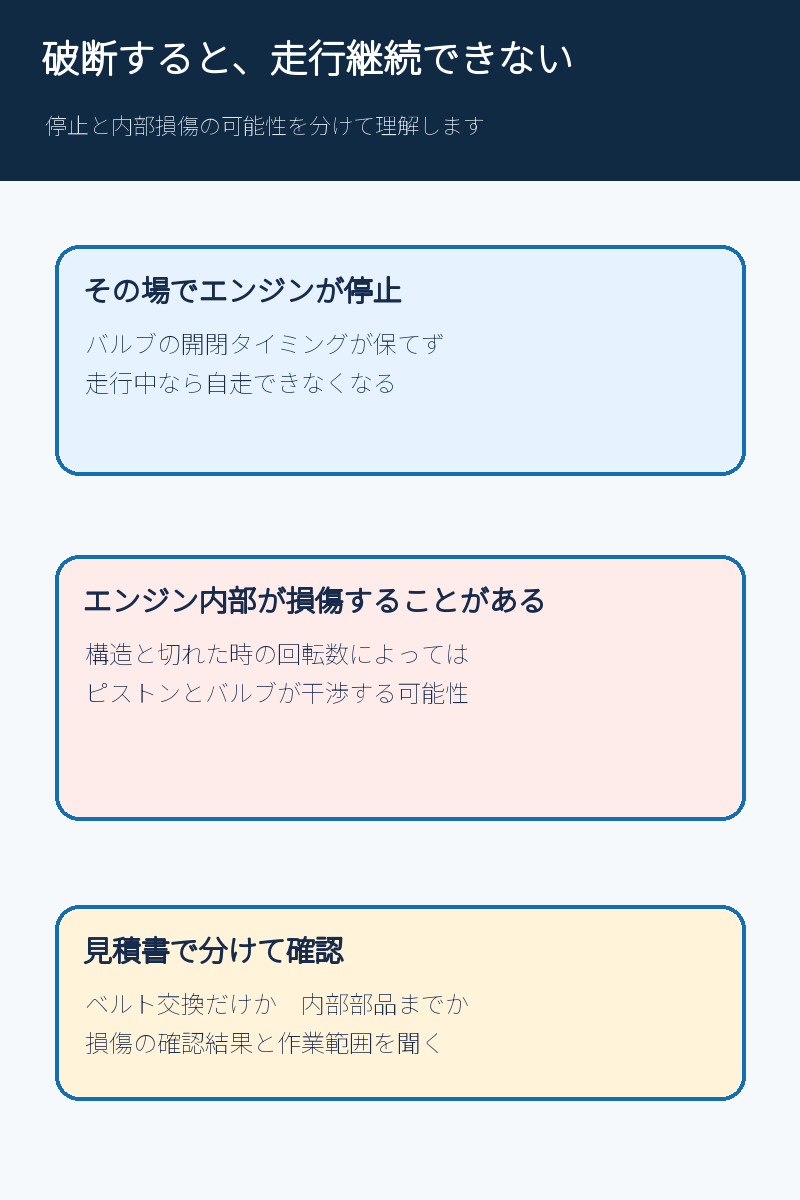 タイミングベルトが切れた場合の停止と内部損傷の可能性を示す図解