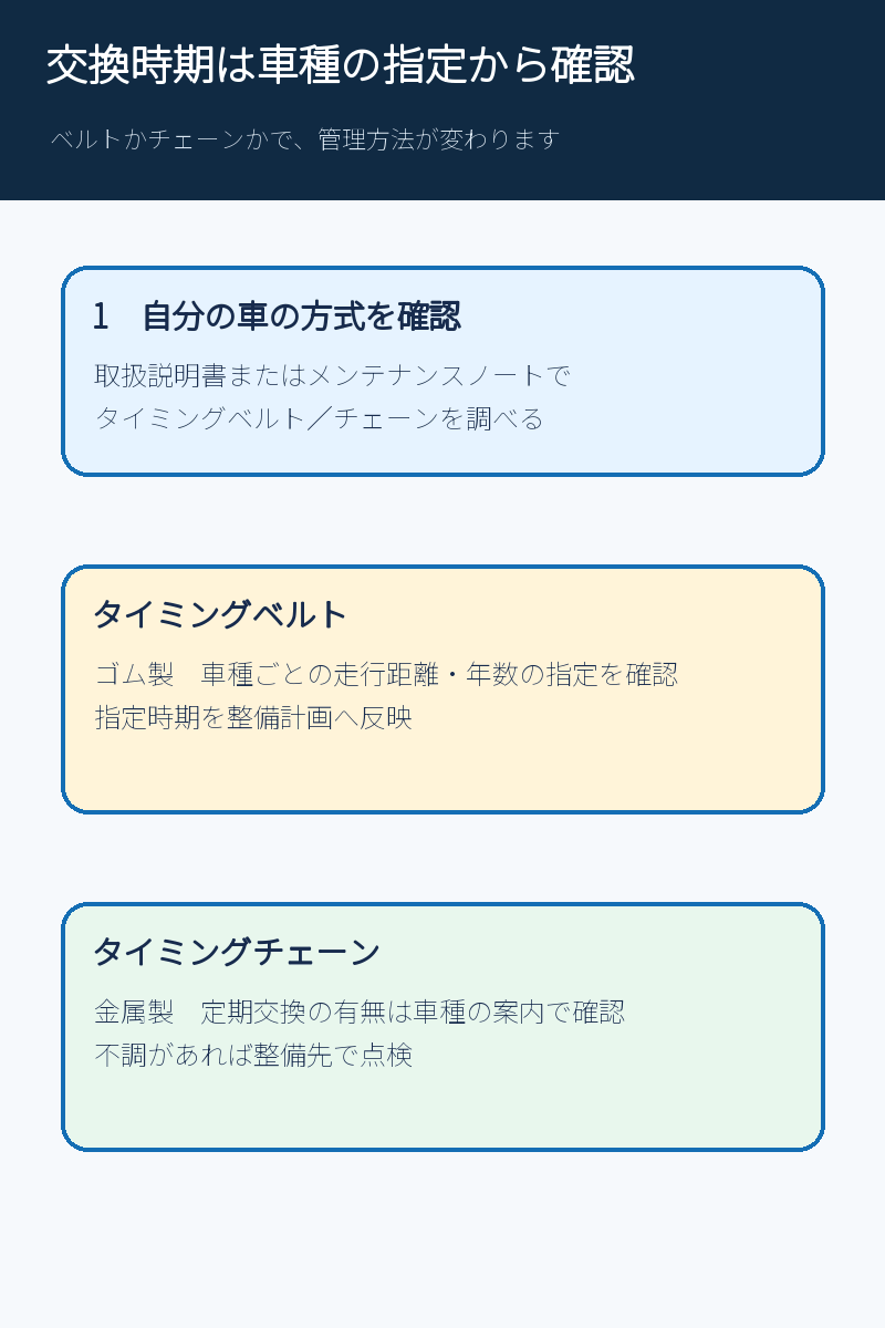 タイミングベルトとチェーンで異なる点検管理を示す図解