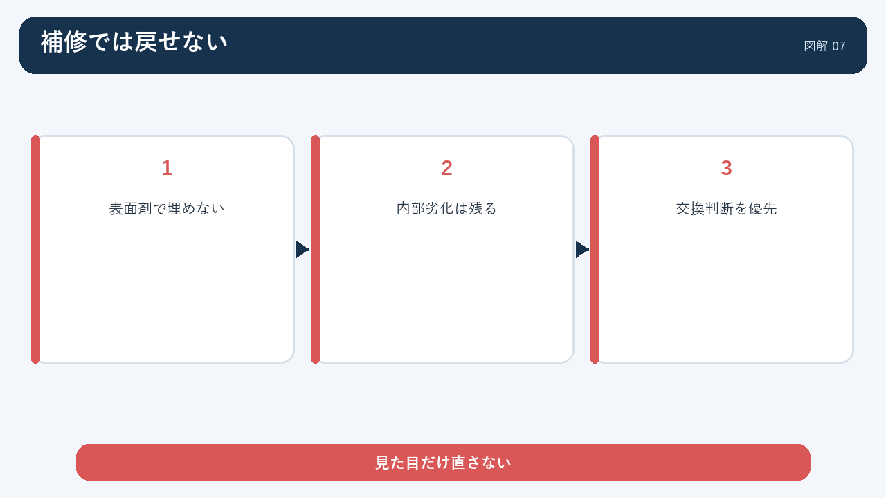 表面補修では内部劣化が戻らず交換判断を優先する図