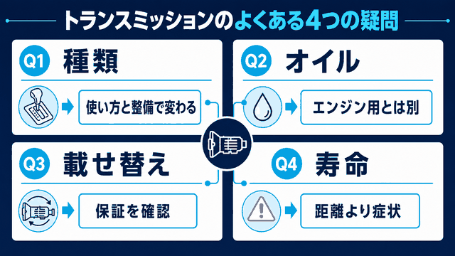 トランスミッションの種類・オイル・載せ替え・寿命に関する確認ポイントを整理した図解