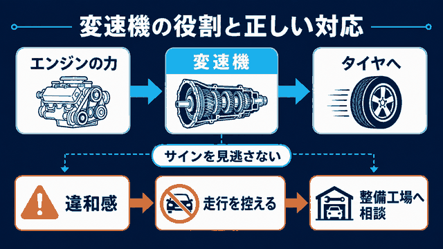 トランスミッションの役割と異常時に走行を控えて整備工場へ相談する流れを示す図解