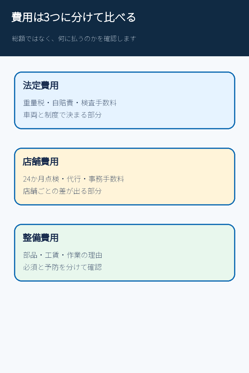 車検見積もりの法定費用と店舗費用と整備費用を分ける図解
