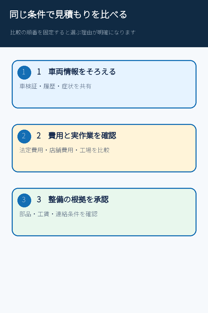 同じ条件で車検見積もりを比較する手順の図解