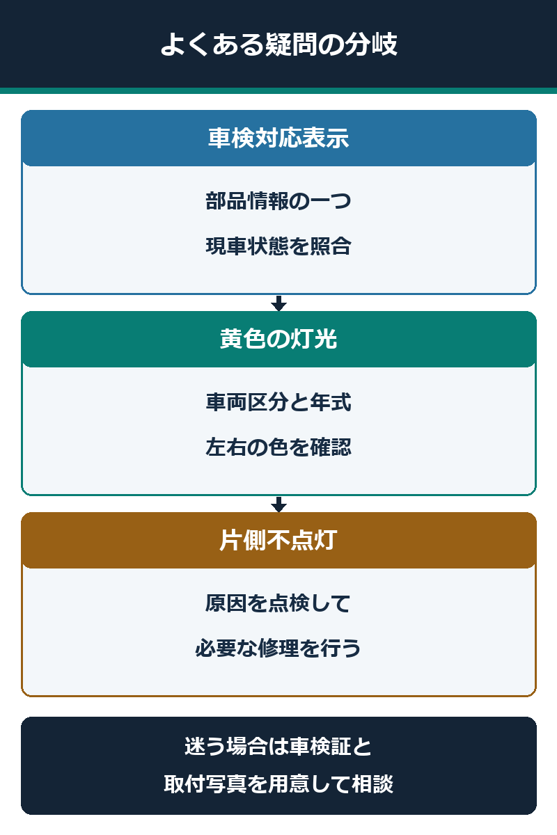 車検対応表示、黄色の灯光、片側不点灯に関する確認の分岐図