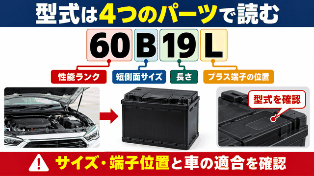 型式60B19Lを性能ランク・短側面サイズ・長さ・プラス端子の位置に分けて読む図