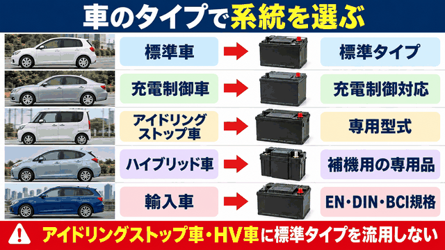 車のタイプごとに選ぶバッテリーの系統を示す図