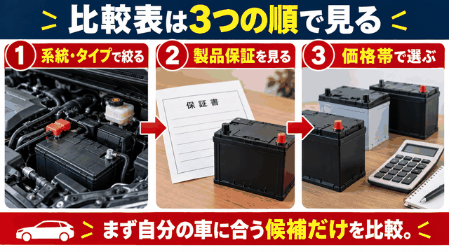 比較表を系統・タイプ、製品保証、価格帯の順に見て選ぶ手順を示す図