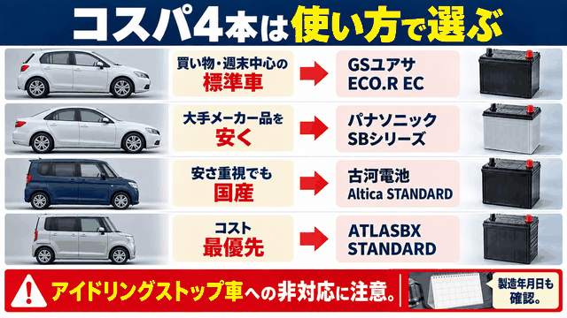 価格を抑えた4本を使い方と優先したい点で選び分ける図
