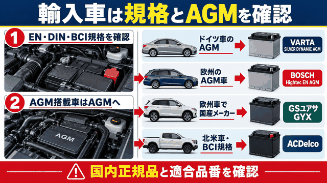 輸入車の規格とAGMの有無を確認してから4つの候補を選ぶ図