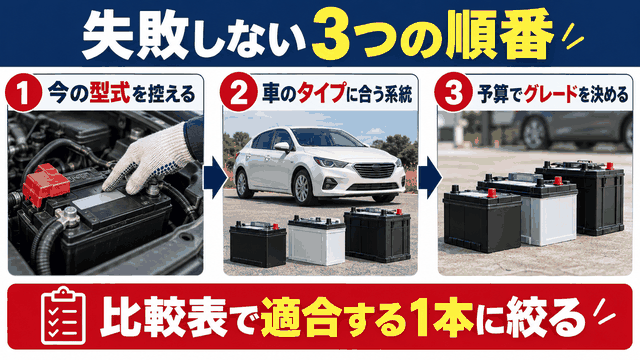 今の型式、車のタイプに合う系統、予算の順にバッテリーを選ぶ図