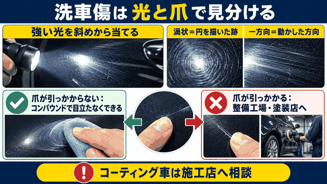 洗車傷を光と爪で見分け、自分で直せる浅い傷と相談が必要な深い傷を分ける図解