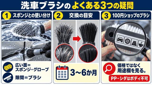 洗車ブラシとスポンジの使い分け、交換時期、100円ショップのブラシの見分け方をまとめた図解
