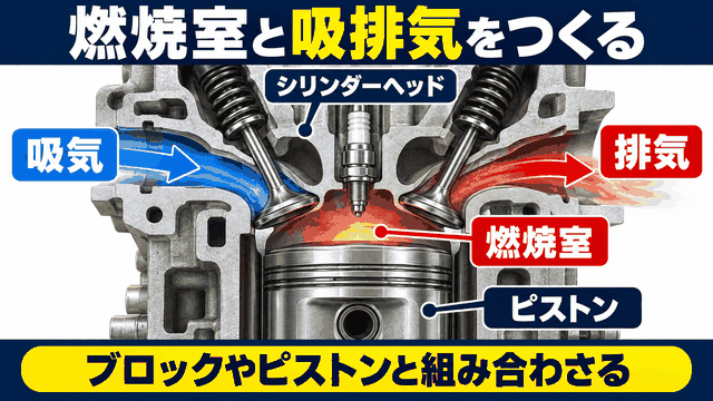 シリンダーヘッドが燃焼室と吸排気通路を構成する図解