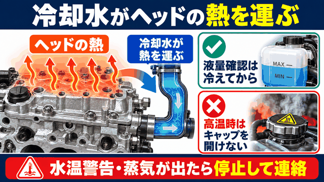 冷却水がシリンダーヘッドの熱を運ぶ役割と高温時の注意点