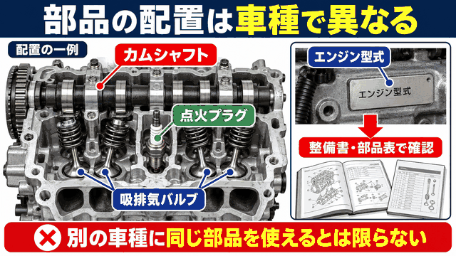 バルブ・カムシャフト・点火系の配置例を示す図解