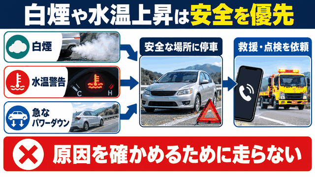 白煙や水温上昇時に原因を断定しない判断の図解