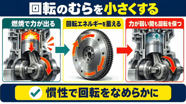 フライホイールがエンジンの回転をなめらかにする役割を示す図解