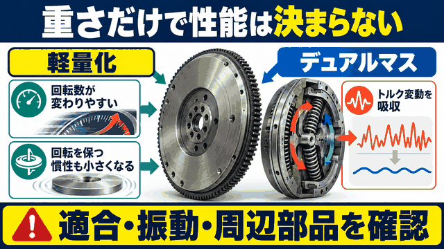 フライホイールの重さと回転変化、振動の関係を示す図解