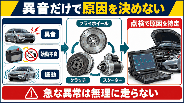 異音や始動不良でフライホイールだけを原因と決めない図解