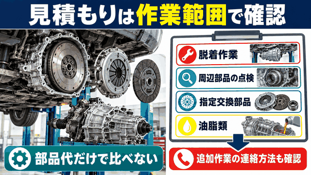 フライホイール交換の見積もりで作業範囲を確認する図解