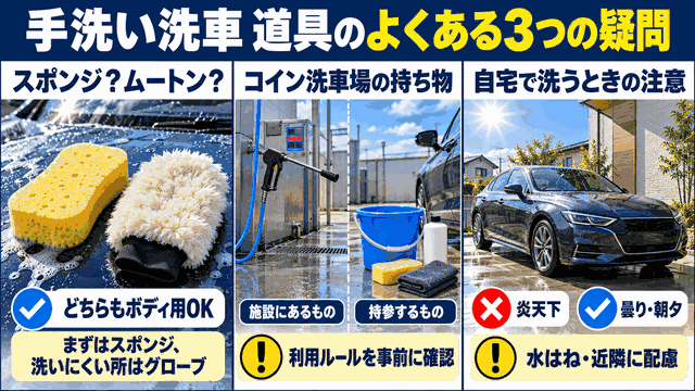 手洗い洗車の道具でよくある3つの疑問（スポンジとムートン、コイン洗車場の持ち物、自宅での注意）を示す図解