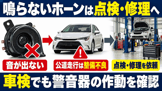 警音器が鳴らない車は整備不良となるため、整備工場で点検・修理を受けることを示す図