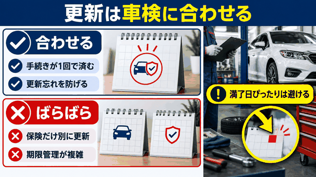 自賠責の更新を車検に合わせると手続きが1回で済み、ばらばらだと管理が複雑になることの比較