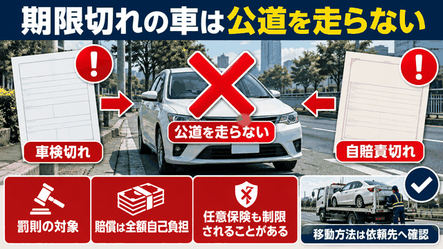 車検切れ・自賠責切れの車は公道を走らず、罰則や賠償の自己負担などのリスクがあることを示す図