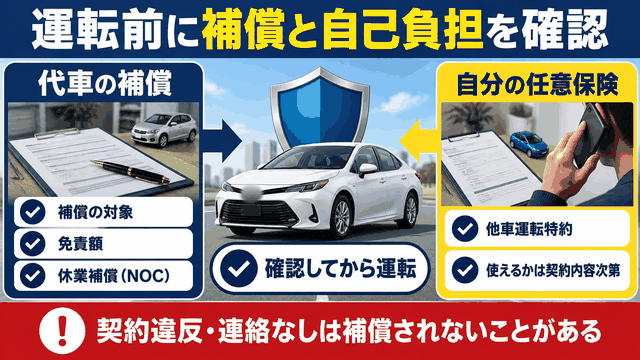 代車の補償内容と自己負担、自分の任意保険の特約が使えるかを運転前に確認することを示す図