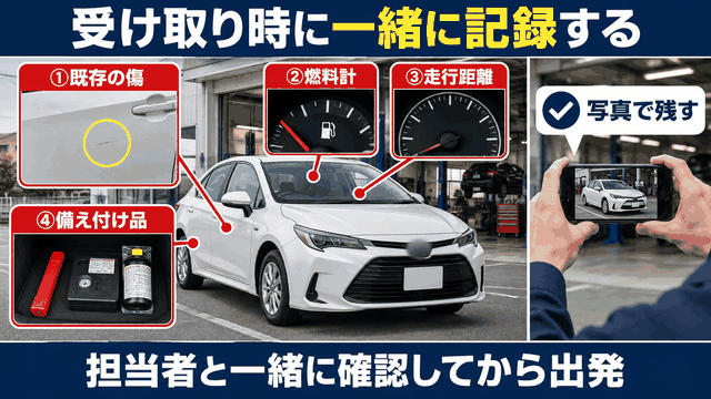 代車の受け取り時に傷・燃料計・走行距離・備え付け品を担当者と確認して写真で残すことを示す図