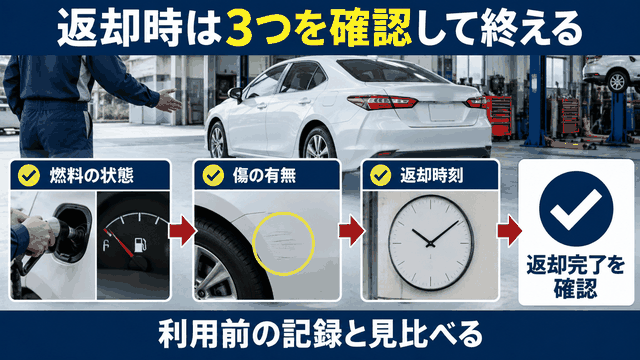 代車の返却時に燃料・傷・返却時刻を確認し、利用前の記録と見比べて返却を終える流れ