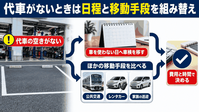 代車がない場合に車検日を移すか、公共交通・レンタカー・家族の送迎を費用と時間で比べて決めることを示す図