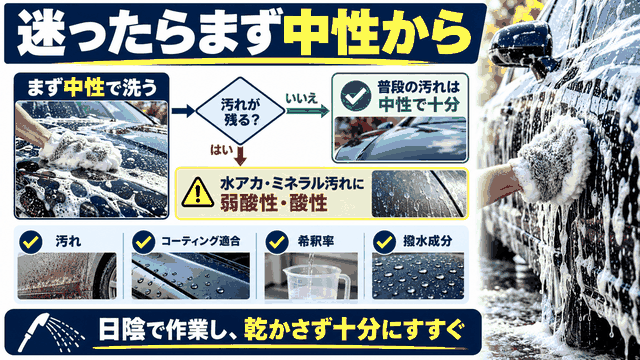 まず中性で洗い、残る水アカやミネラル汚れに弱酸性・酸性を使う判断の流れ